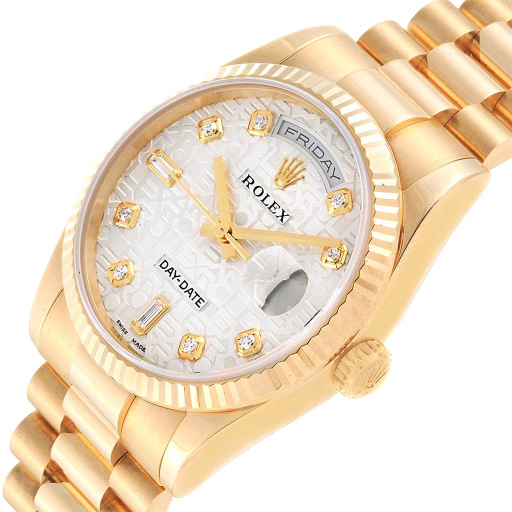 The image shows a Rolex President 118238 Men
s Yellow Gold Silver Dial 118238 Men
s Yellow Gold Silver Dial model watch at an angled view, highlighting the band, dial, crown, and day-date display.