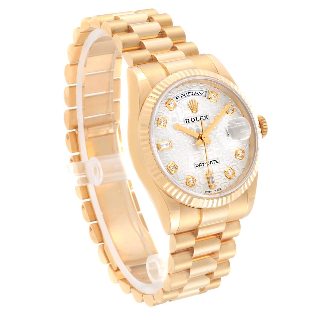 The image shows a Rolex President 118238 Men
s Yellow Gold Silver Dial 118238 Men
s Yellow Gold Silver Dial model watch at a slight angle highlighting the bracelet, case, dial, and fluted bezel.