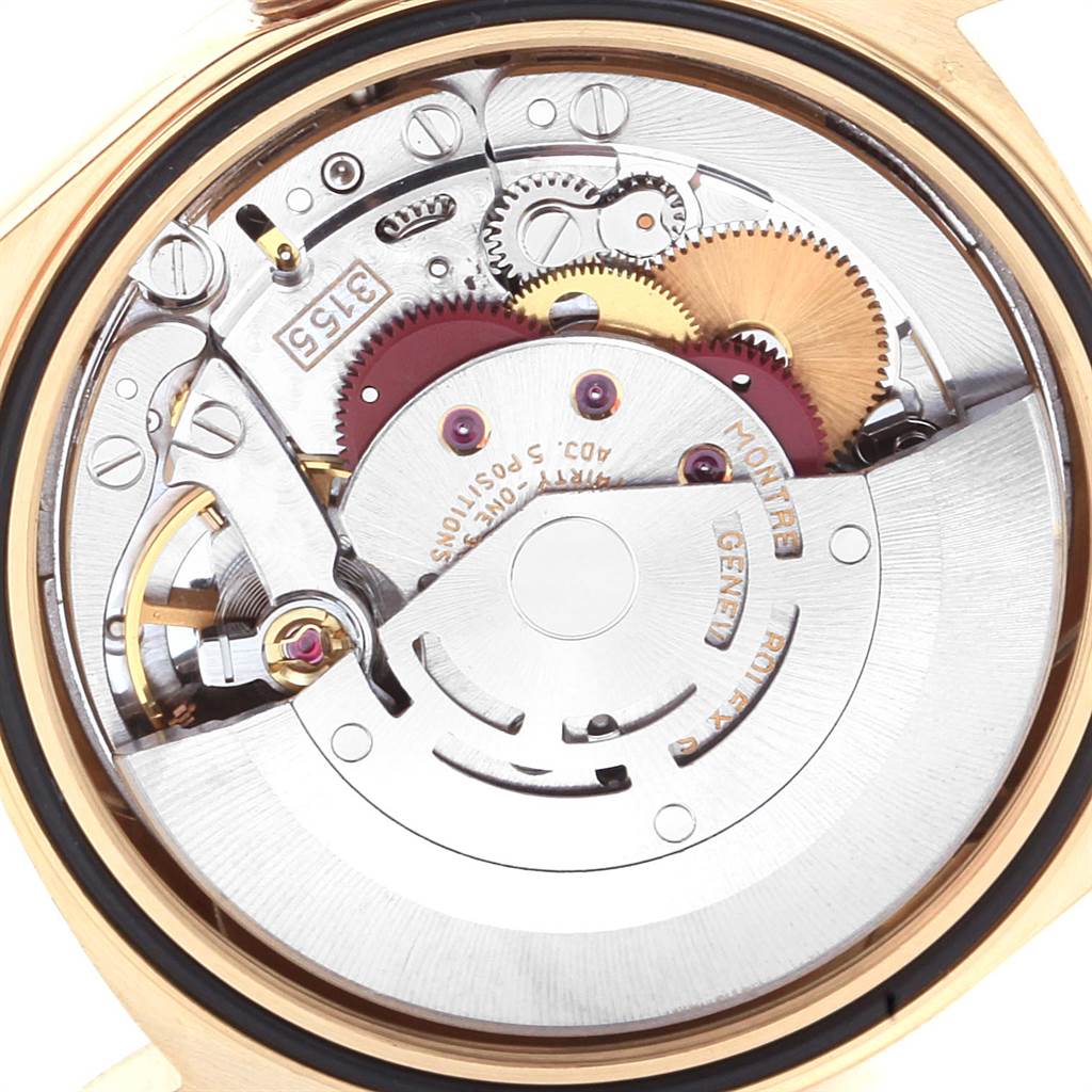 The image shows the internal mechanics of a Rolex President 18248 Men
s Yellow Gold Champagne Dial 18248 Men
s Yellow Gold Champagne Dial model watch, viewed from the back.