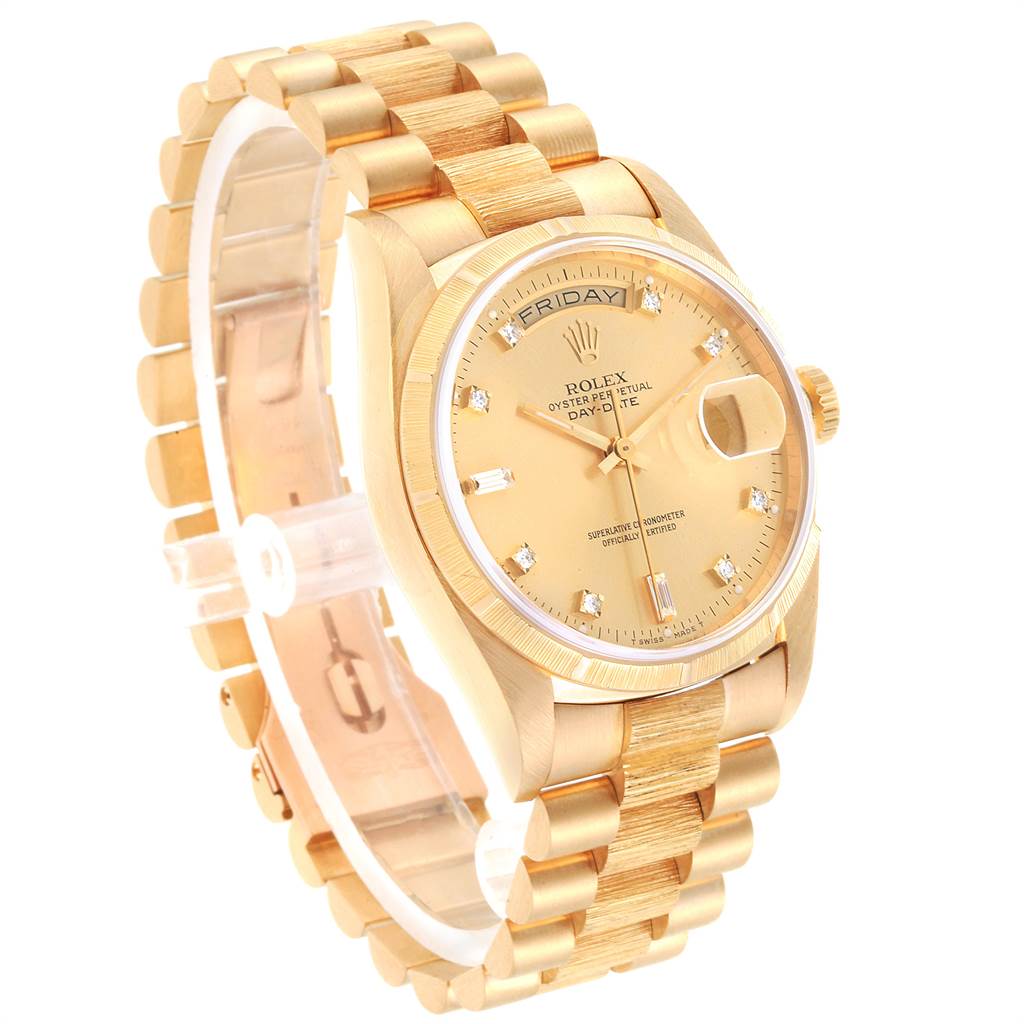 This image shows a Rolex President 18248 Men
s Yellow Gold Champagne Dial 18248 Men
s Yellow Gold Champagne Dial model watch at a three-quarter angle highlighting the face, bracelet, and crown.