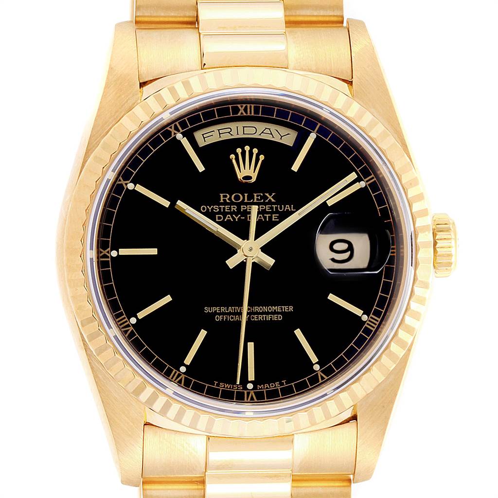 The image shows a front view of a Rolex President 18238 Men
s Yellow Gold Black Dial 18238 Men
s Yellow Gold Black Dial Day-Date watch displaying the day and date on a black dial.