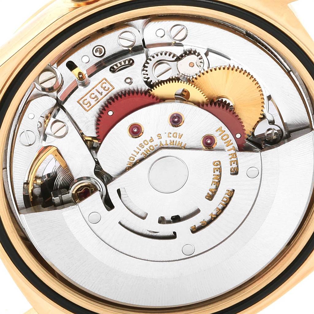 This image shows the inner mechanical movement of a Rolex President 18238 Men
s Yellow Gold Black Dial 18238 Men
s Yellow Gold Black Dial model watch from a close-up rear angle.