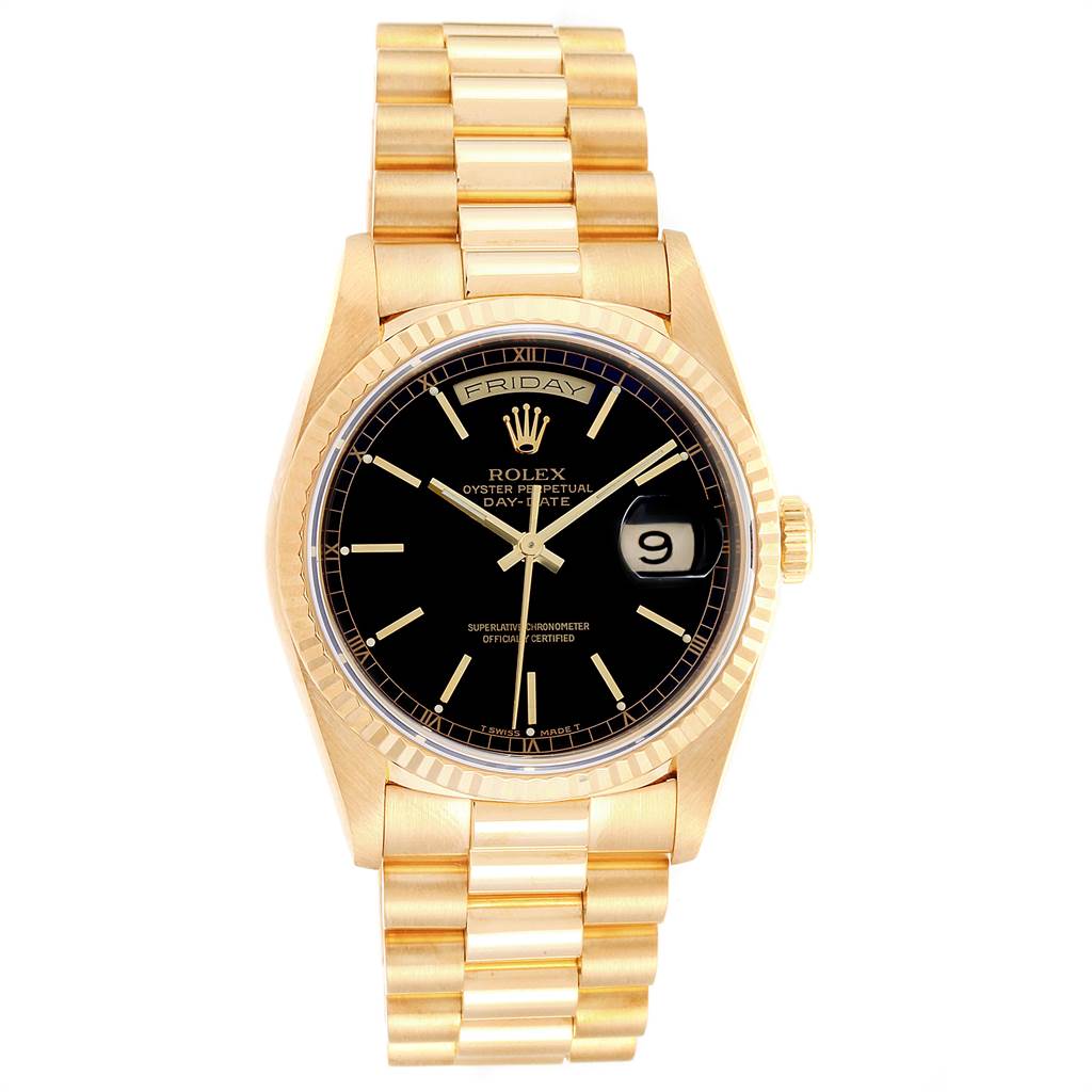 This Rolex President 18238 Men
s Yellow Gold Black Dial 18238 Men
s Yellow Gold Black Dial model watch is shown from the front, displaying the dial, bezel, and bracelet.