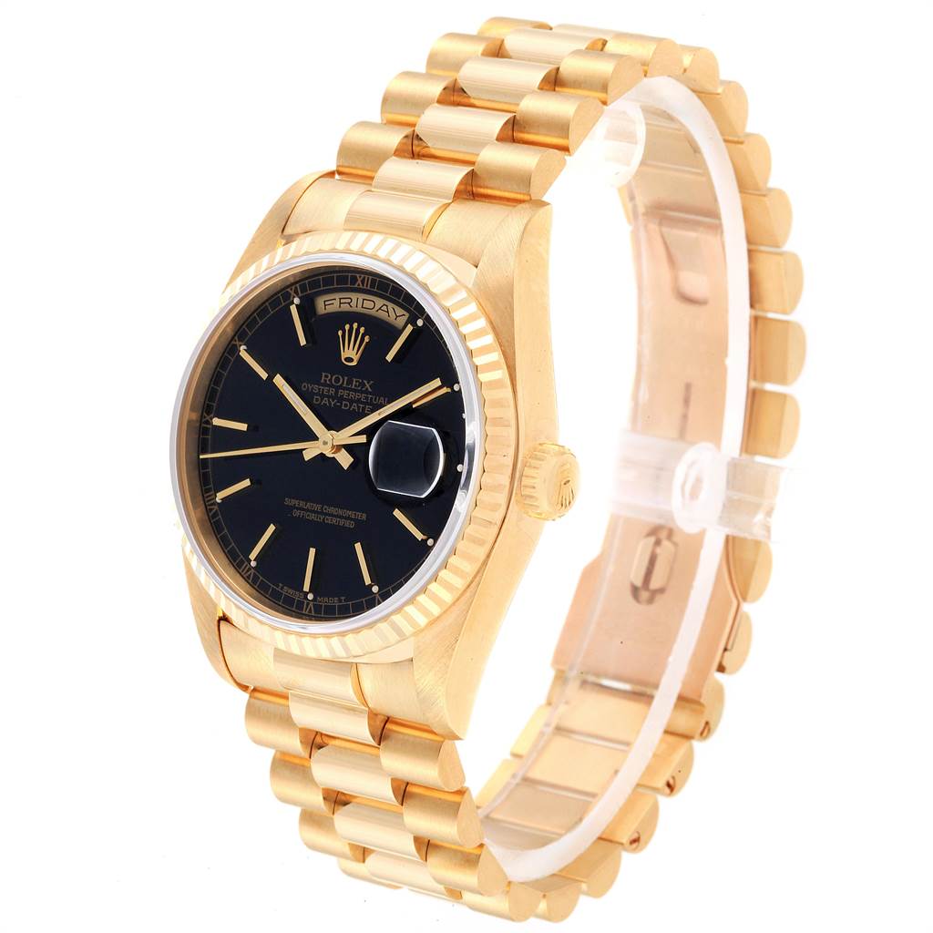 The Rolex President 18238 Men
s Yellow Gold Black Dial 18238 Men
s Yellow Gold Black Dial model watch is shown at an angle that highlights the face, bezel, crown, and part of the bracelet.