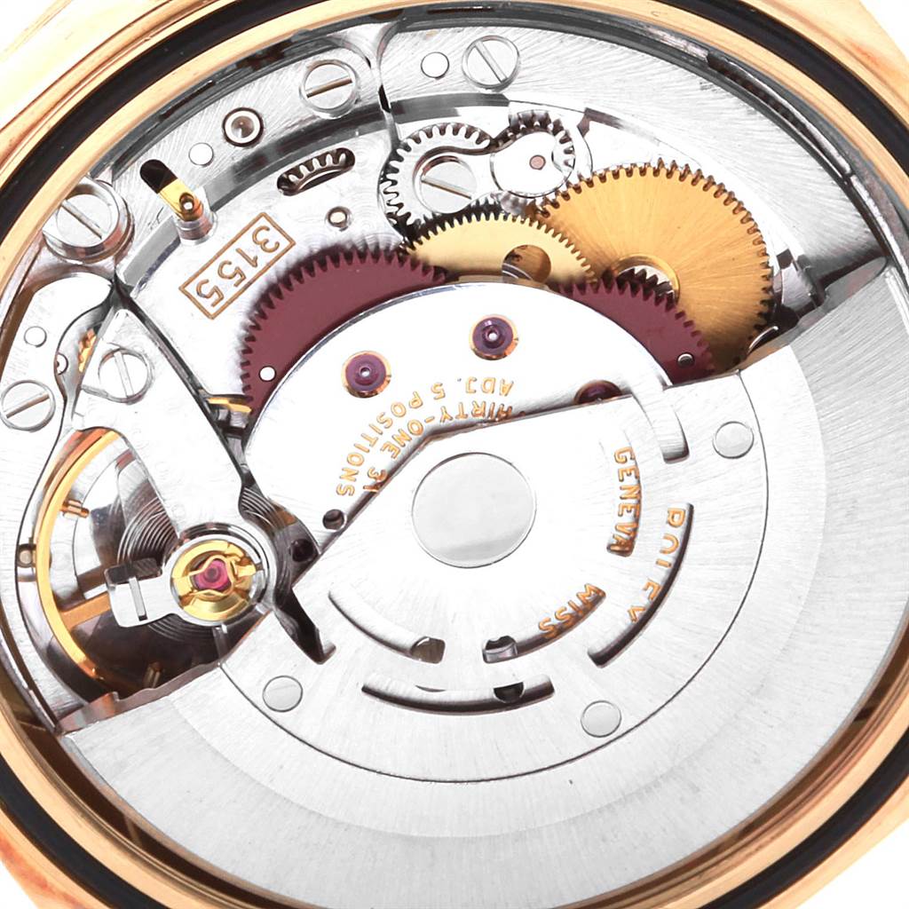 The image shows an angled close-up of the internal movement components of a Rolex President 18248 Men
s Yellow Gold Champagne Dial 18248 Men
s Yellow Gold Champagne Dial model watch.