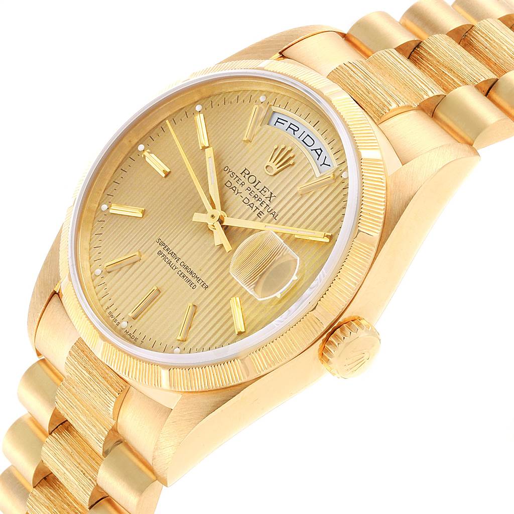 The image shows the Rolex President 18248 Men
s Yellow Gold Champagne Dial 18248 Men
s Yellow Gold Champagne Dial model watch at an angled view, displaying the face, bezel, crown, and part of the band.