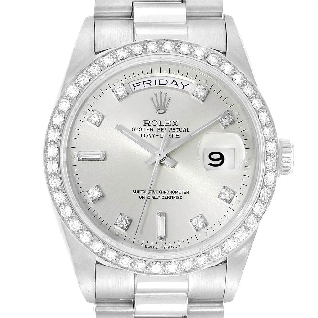 The image shows a front view of the Rolex President 18346 Men's Platinum Silver Dial 18346 Men's Platinum Silver Dial model watch highlighting its dial, day, date display, and diamond bezel.