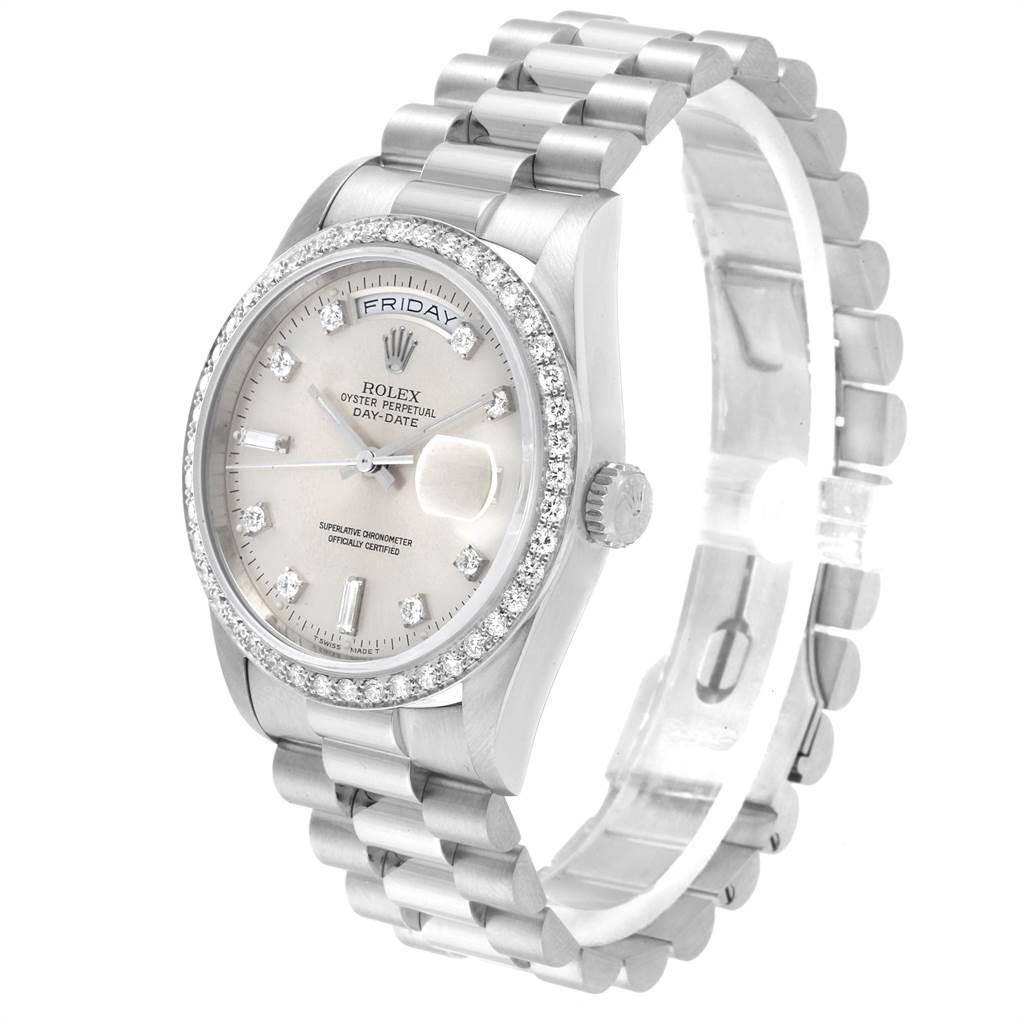 The Rolex President 18346 Men's Platinum Silver Dial 18346 Men's Platinum Silver Dial model watch is shown at a slight angle highlighting the face, bezel, and bracelet.