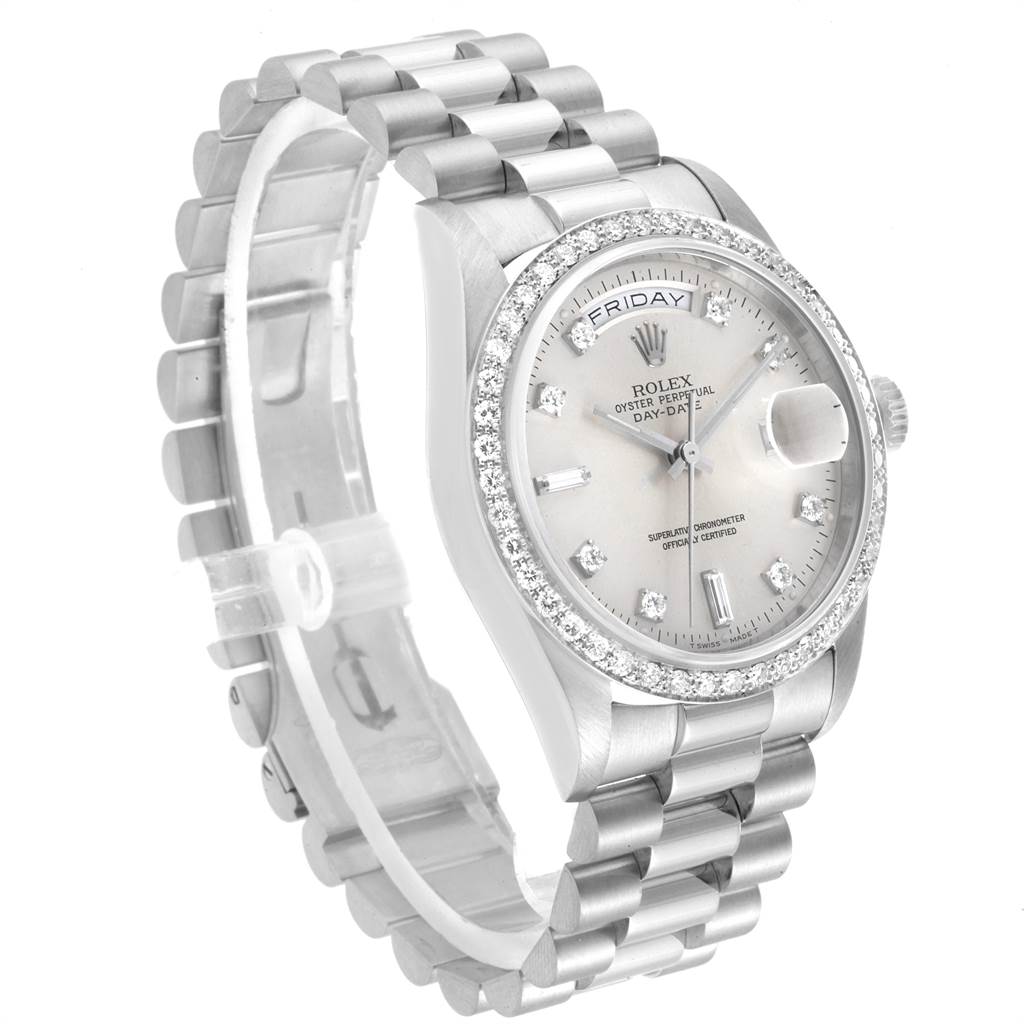 This image shows the Rolex President 18346 Men's Platinum Silver Dial 18346 Men's Platinum Silver Dial model watch at a three-quarter view, highlighting the bracelet, dial, and diamond bezel.