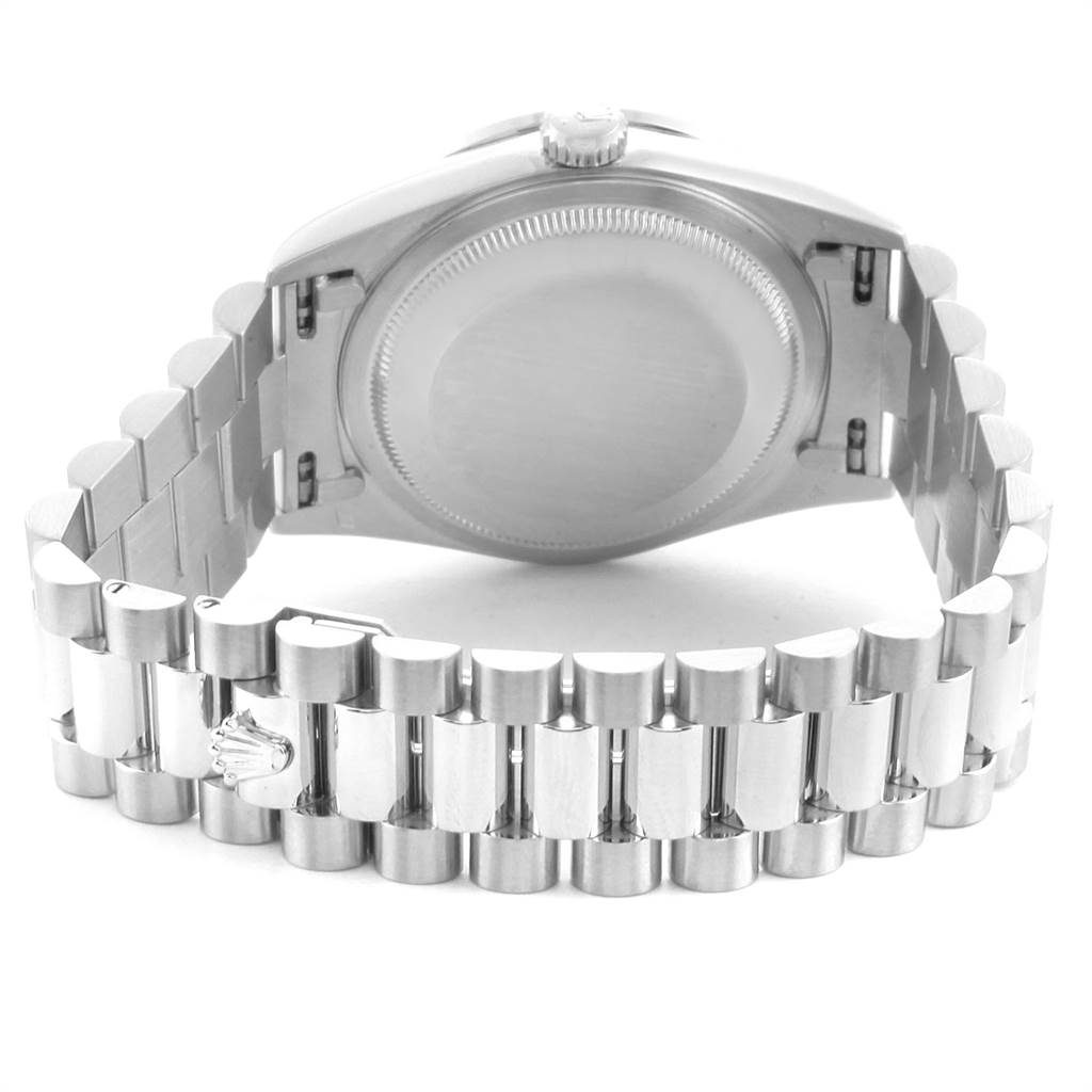 The image shows the back of the Rolex President 18346 Men's Platinum Silver Dial 18346 Men's Platinum Silver Dial model watch, highlighting the case back and the bracelet.