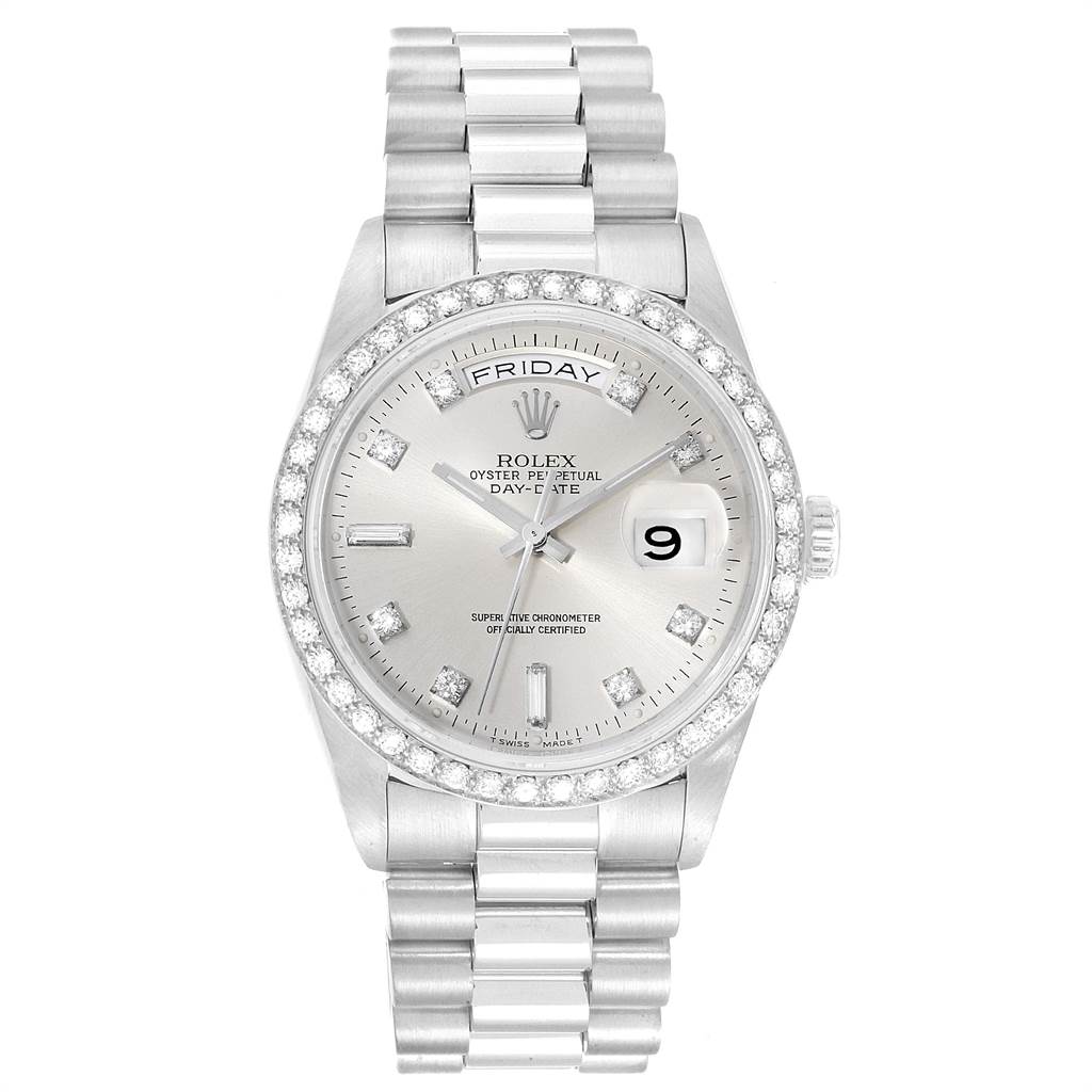 This Rolex President 18346 Men's Platinum Silver Dial 18346 Men's Platinum Silver Dial watch is shown from the front, displaying the face, bezel, and bracelet.