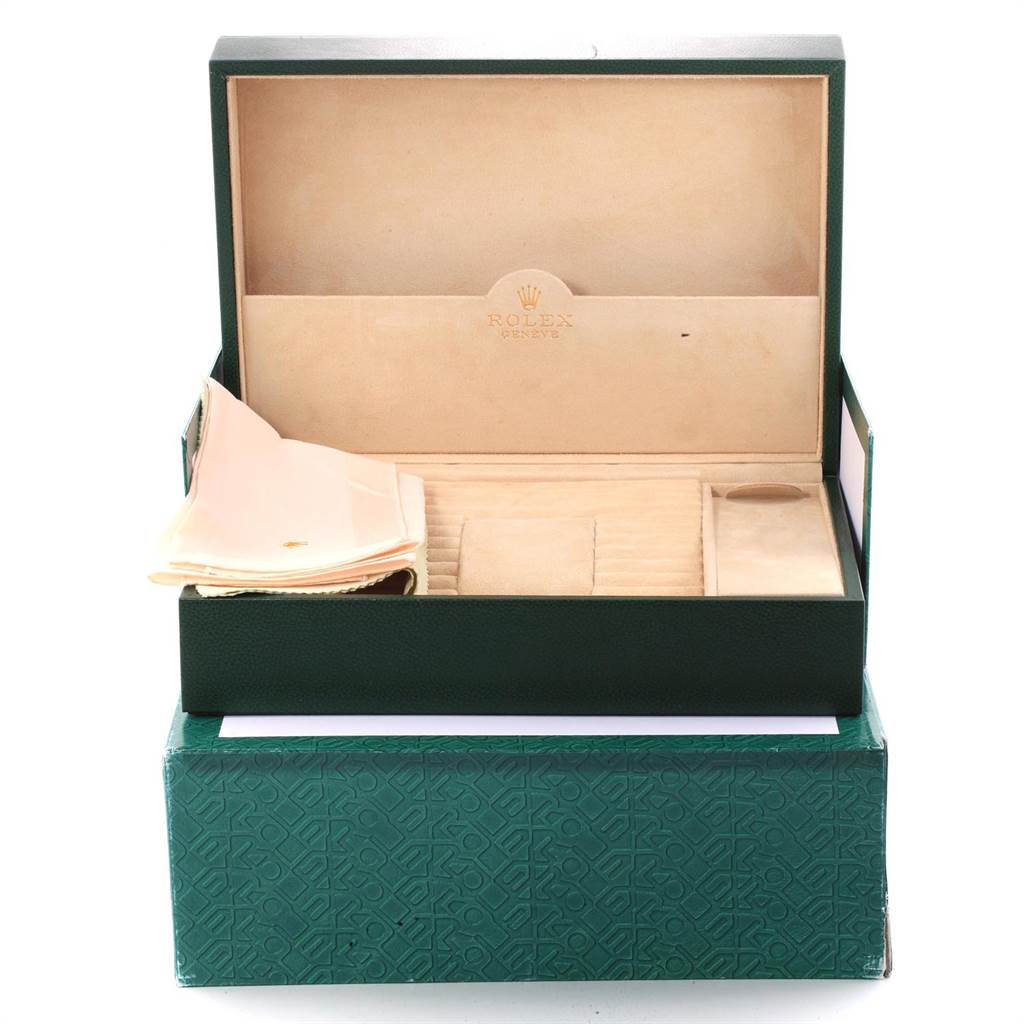 The image shows an open box and protective cloth for a Rolex President 18346 Men's Platinum Silver Dial 18346 Men's Platinum Silver Dial model watch, viewed from the front.