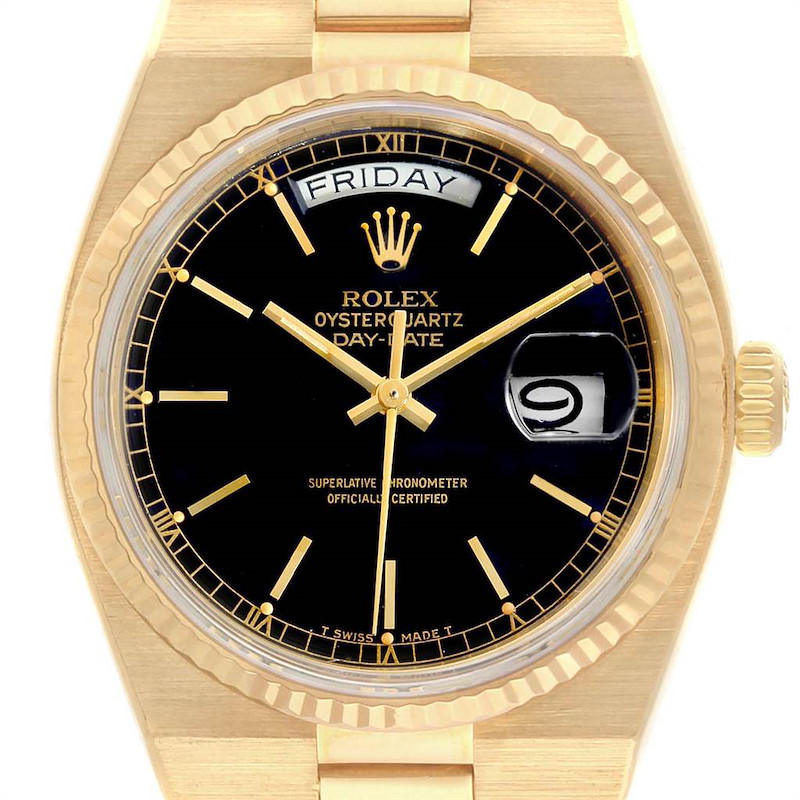 Rolex Oysterquartz President Yellow Gold Black Dial Mens Watch 19018 SwissWatchExpo