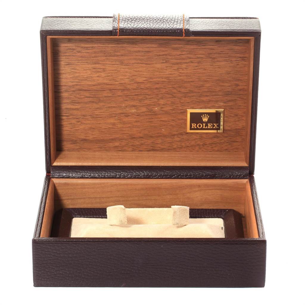 The image shows an open presentation box for a Rolex President 19018 Men
s Yellow Gold Black Dial 19018 Men
s Yellow Gold Black Dial model watch, displaying the brand logo inside.