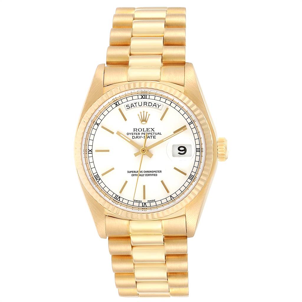 This image shows a Rolex President 18038 Men
s Yellow Gold White Dial 18038 Men
s Yellow Gold White Dial model watch photographed from the front, highlighting its face, bracelet, and dial.