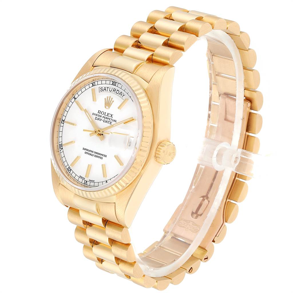 The image shows a Rolex President 18038 Men
s Yellow Gold White Dial 18038 Men
s Yellow Gold White Dial model watch angled slightly from the front-right, displaying the face, band, and crown.
