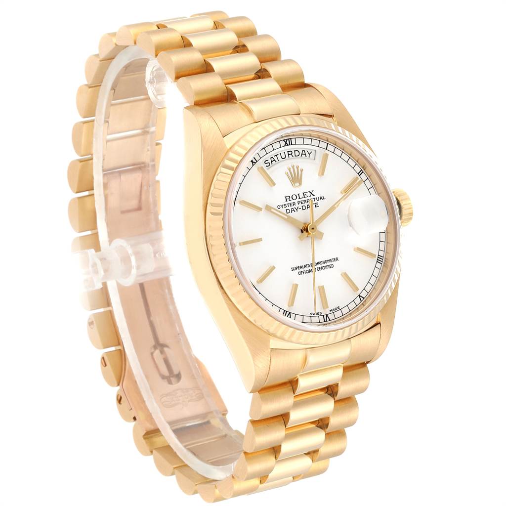 The image shows a side angle of the Rolex President 18038 Men
s Yellow Gold White Dial 18038 Men
s Yellow Gold White Dial model watch, displaying its gold band, case, and white dial.