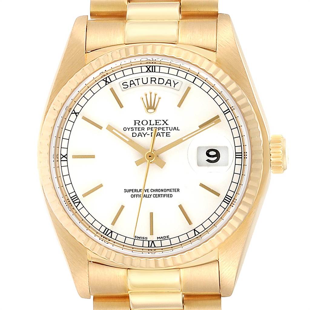 The image shows the front view of a Rolex President 18038 Men
s Yellow Gold White Dial 18038 Men
s Yellow Gold White Dial model watch, highlighting the dial, bezel, and bracelet.