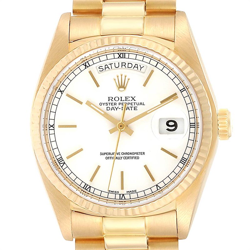 Rolex President Day-Date Yellow Gold White Dial Mens Watch 18038 SwissWatchExpo