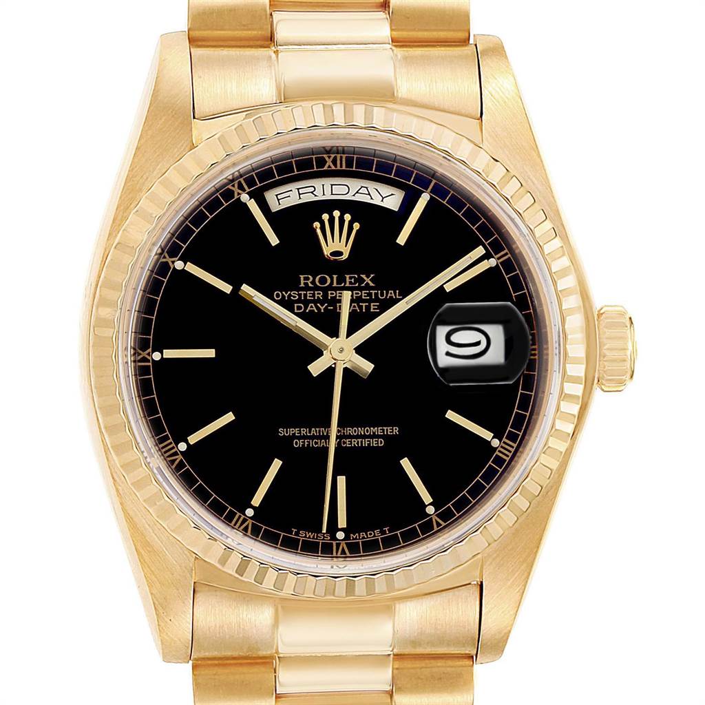 Rolex President Day-Date Yellow Gold Black Dial Mens Watch 18038 ...