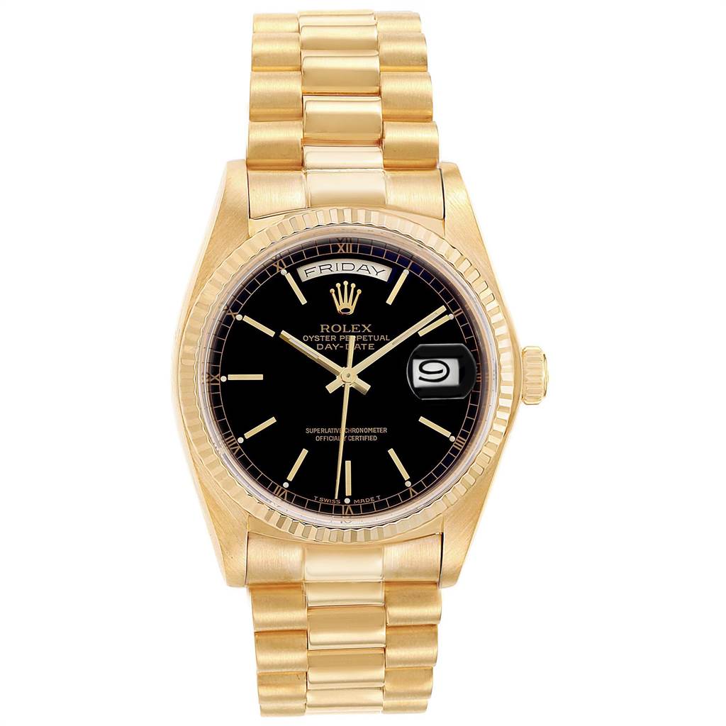 The image shows a frontal view of a Rolex President 18038 Men's Yellow Gold Black Dial 18038 Men's Yellow Gold Black Dial model watch, highlighting its gold bracelet, black dial, and date display.