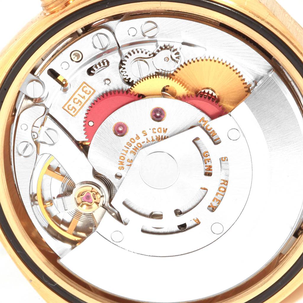 The image displays the inner mechanical movement of a Rolex President 18238 Men
s Yellow Gold Champagne Dial 18238 Men
s Yellow Gold Champagne Dial model watch, viewed from the back.