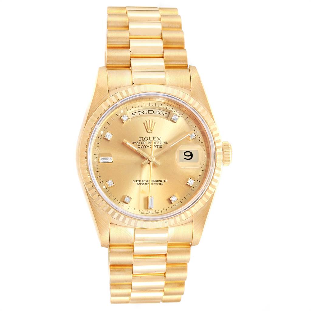 This image shows a Rolex President 18238 Men
s Yellow Gold Champagne Dial 18238 Men
s Yellow Gold Champagne Dial model watch from a front angle, highlighting its dial, bezel, bracelet, and crown.