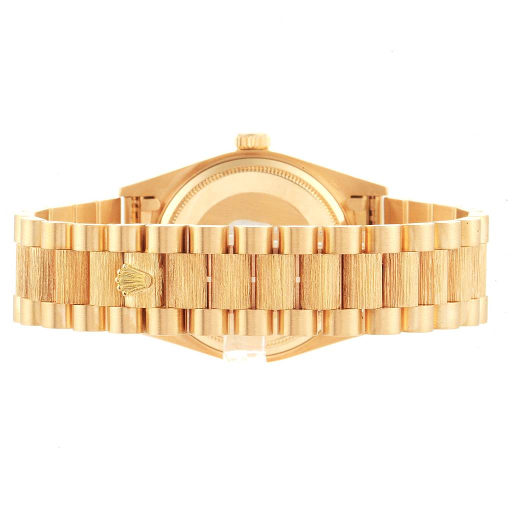 This image shows the backside bracelet and clasp of a Rolex President 18078 Men
s Yellow Gold Brown Dial 18078 Men
s Yellow Gold Brown Dial model watch.