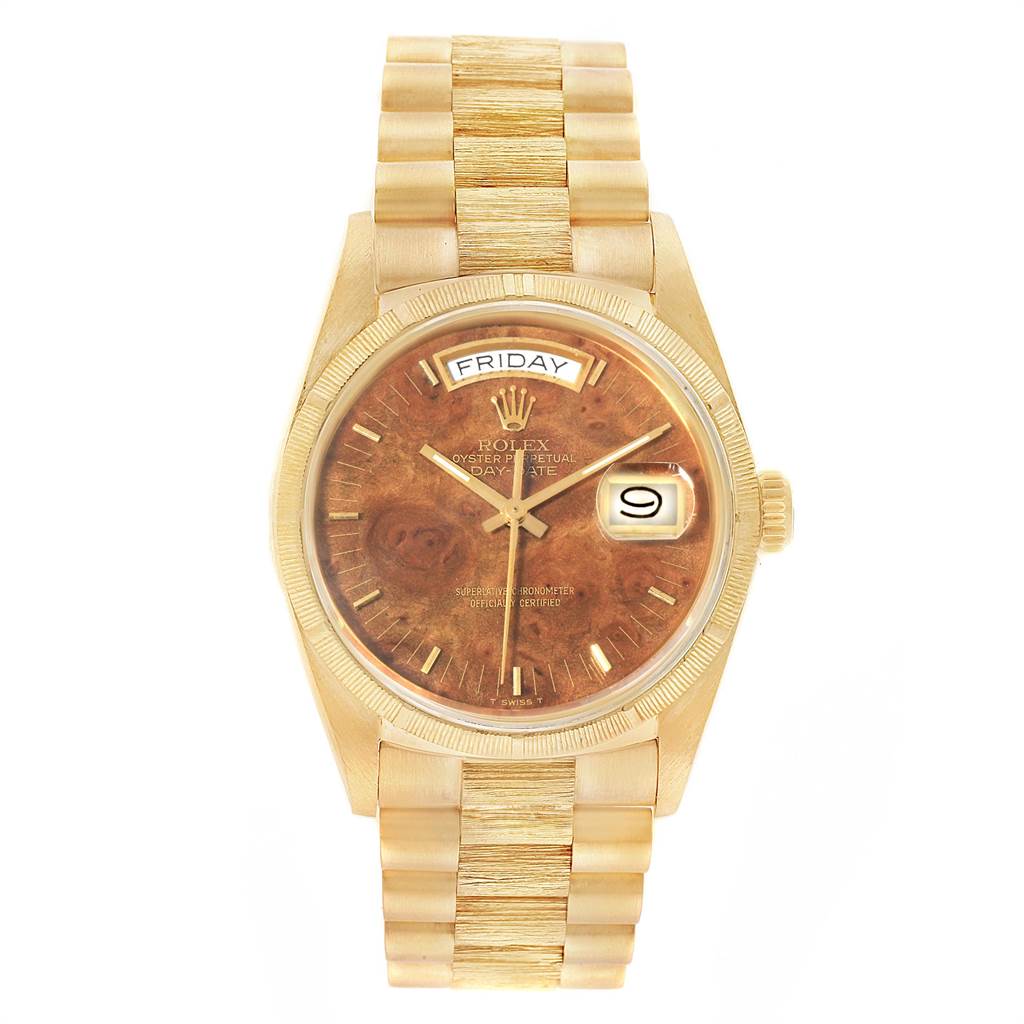 This is a frontal view of the Rolex President 18078 Men
s Yellow Gold Brown Dial 18078 Men
s Yellow Gold Brown Dial model watch, showcasing its dial, bracelet, and day-date display.