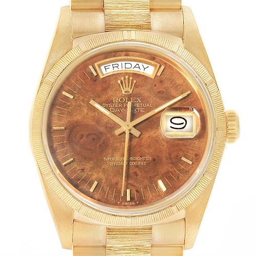 Photo of Rolex President Day-Date Yellow Gold BurlWood Dial Mens Watch 18078