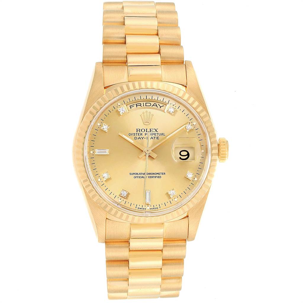The image shows a front view of a Rolex President 18238 Men
s Yellow Gold Champagne Dial 18238 Men
s Yellow Gold Champagne Dial model watch, highlighting its face, bezel, and bracelet.