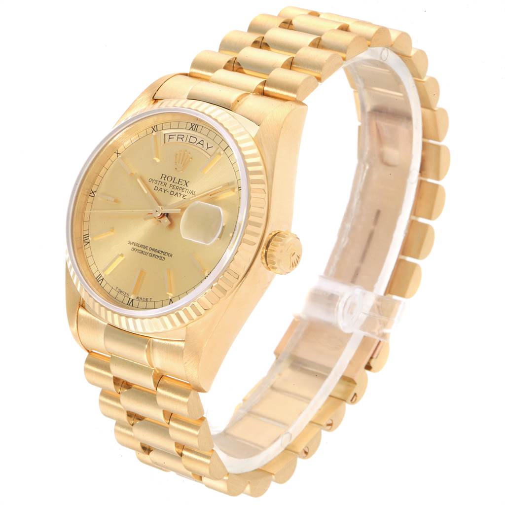 The image shows a side angle of the Rolex President 18038 Men
s Yellow Gold Champagne Dial 18038 Men
s Yellow Gold Champagne Dial model, highlighting the gold case, dial, bracelet, and crown.