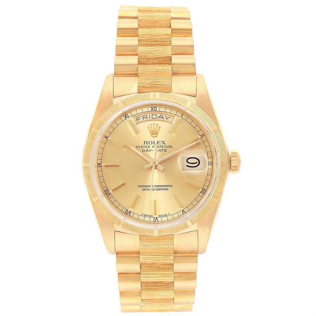 The image shows a front view of the Rolex President 18078 Men
s Yellow Gold Champagne Dial 18078 Men
s Yellow Gold Champagne Dial Day-Date watch, displaying the dial, bezel, and bracelet.