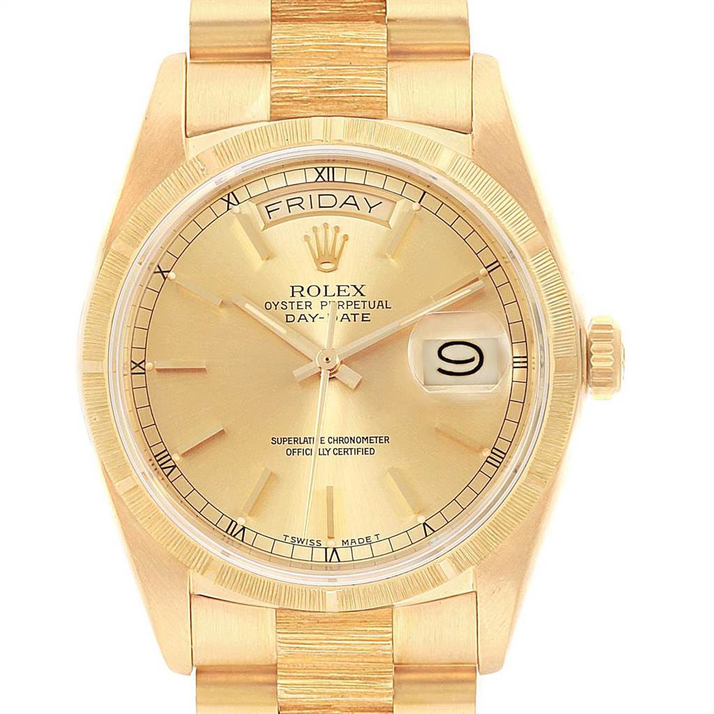 The image shows a front view of the Rolex President 18078 Men
s Yellow Gold Champagne Dial 18078 Men
s Yellow Gold Champagne Dial Day-Date watch, highlighting the dial, hands, date, and day display.