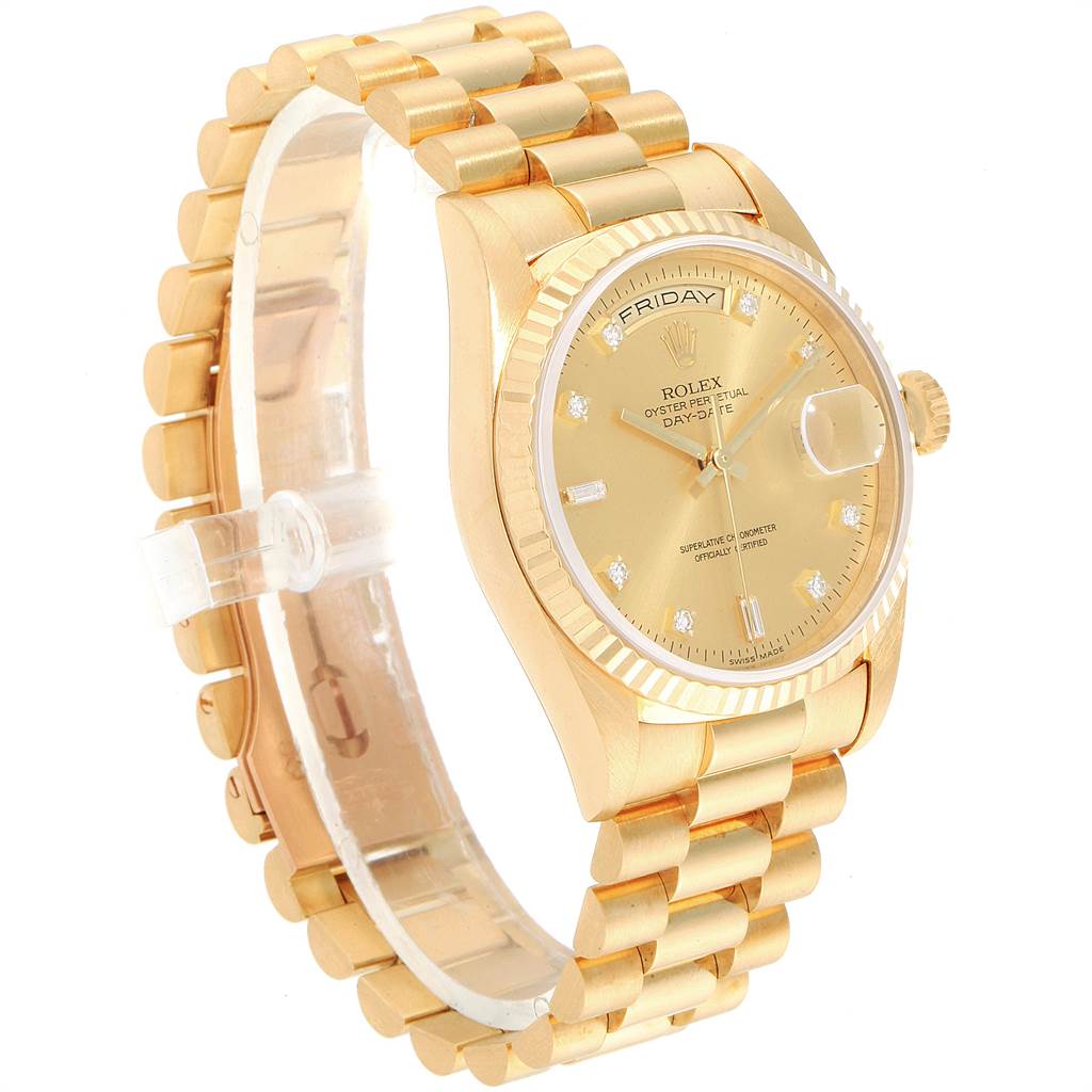 The image shows a Rolex President 18238 Men
s Yellow Gold Champagne Dial 18238 Men
s Yellow Gold Champagne Dial model watch, angled to display its gold bracelet, dial, crown, and fluted bezel.