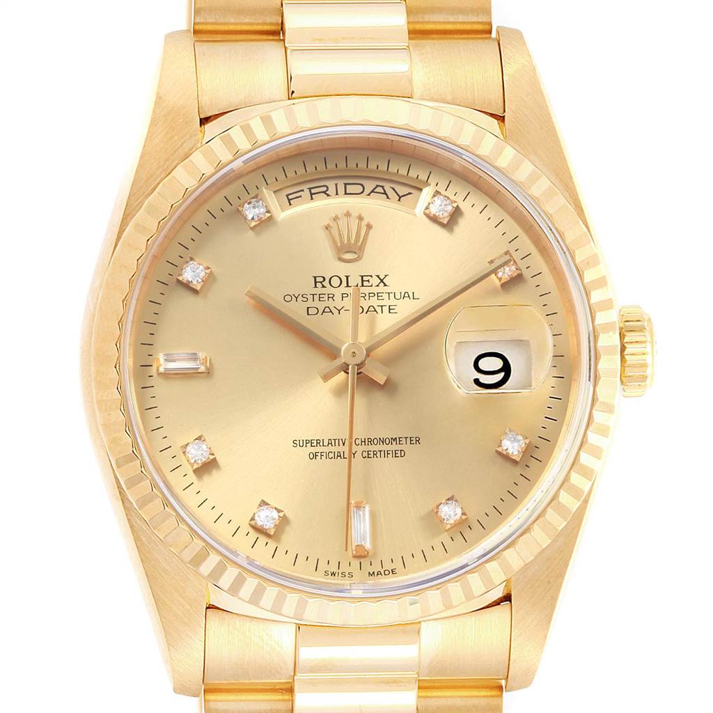 The Rolex President 18238 Men
s Yellow Gold Champagne Dial 18238 Men
s Yellow Gold Champagne Dial model is shown from a top-down angle, featuring its dial, case, bezel, and part of the bracelet.