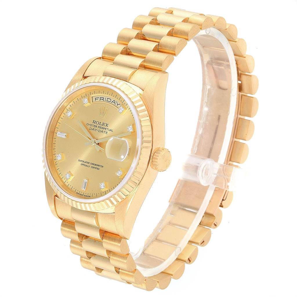 The image shows a Rolex President 18238 Men
s Yellow Gold Champagne Dial 18238 Men
s Yellow Gold Champagne Dial model watch at an angle displaying the face, bezel, crown, and part of the bracelet.