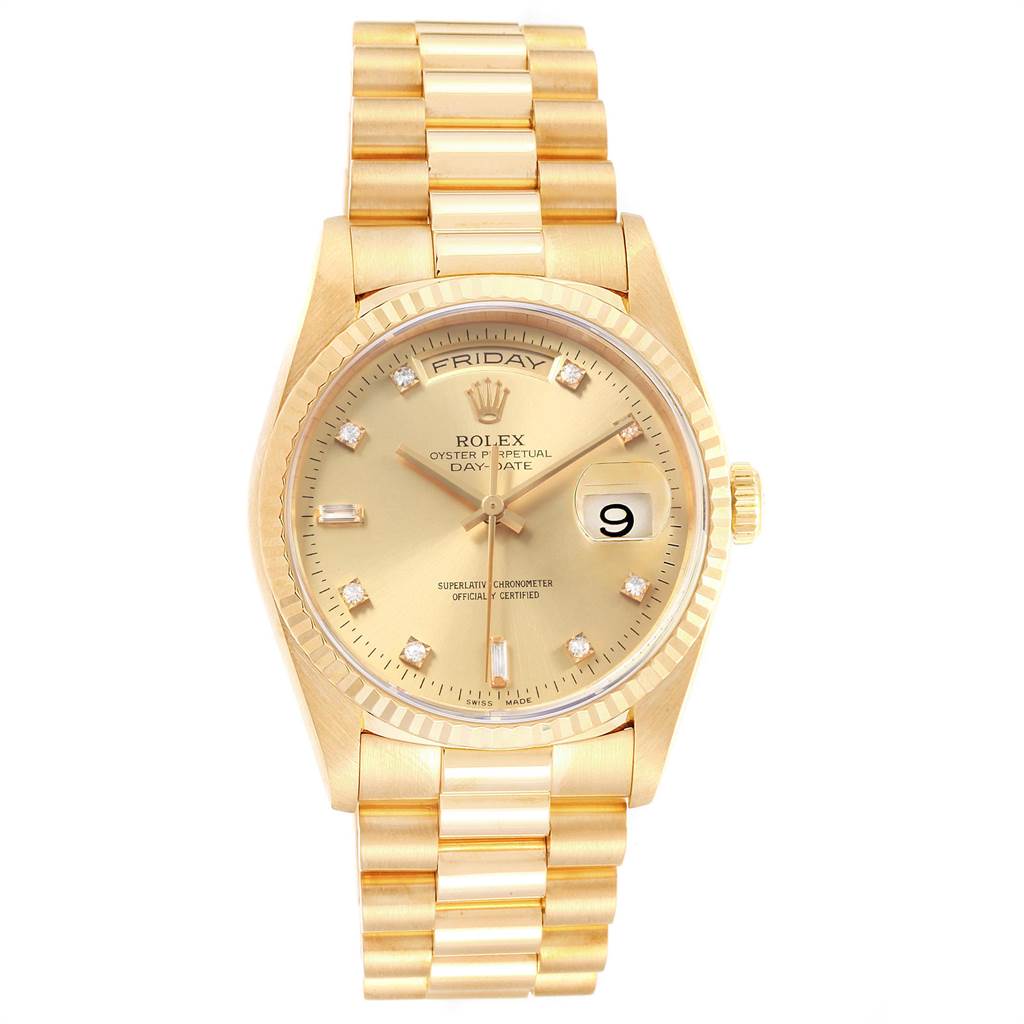 The image shows the Rolex President 18238 Men
s Yellow Gold Champagne Dial 18238 Men
s Yellow Gold Champagne Dial model watch from a top-down angle, displaying its face, bezel, and metal bracelet.