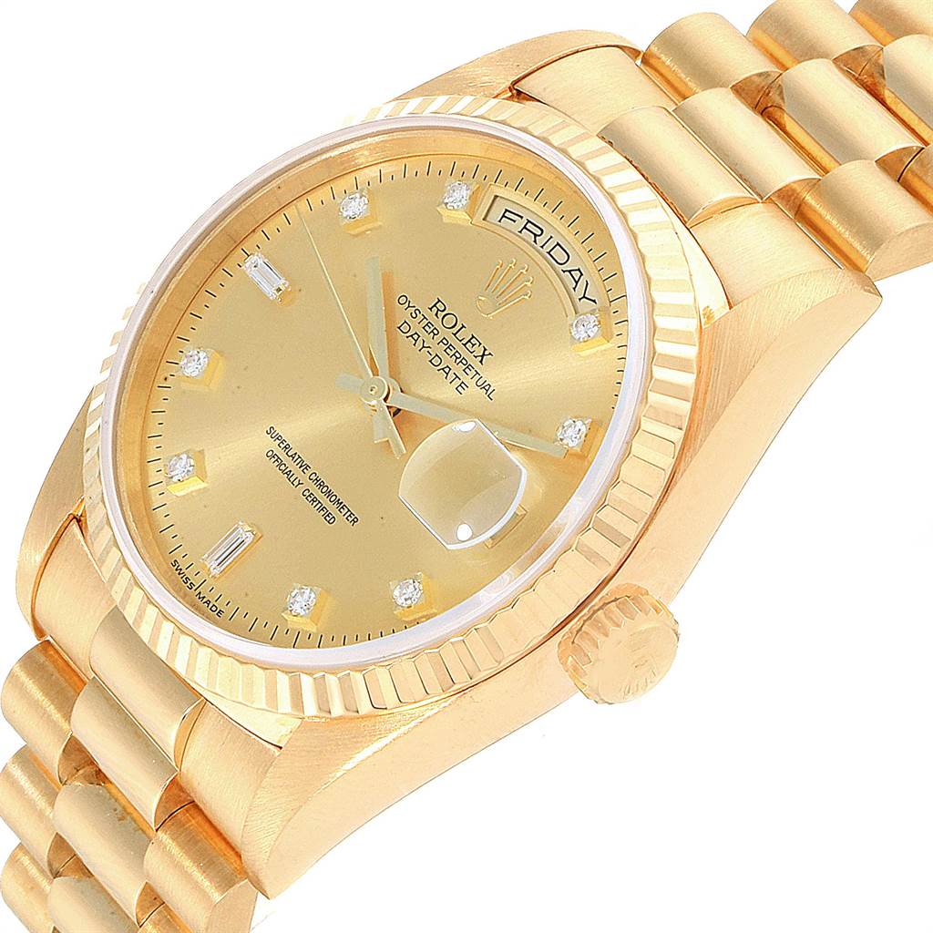 The image shows an angled view of a Rolex President 18238 Men
s Yellow Gold Champagne Dial 18238 Men
s Yellow Gold Champagne Dial model watch, highlighting the dial, bezel, bracelet, and crown.