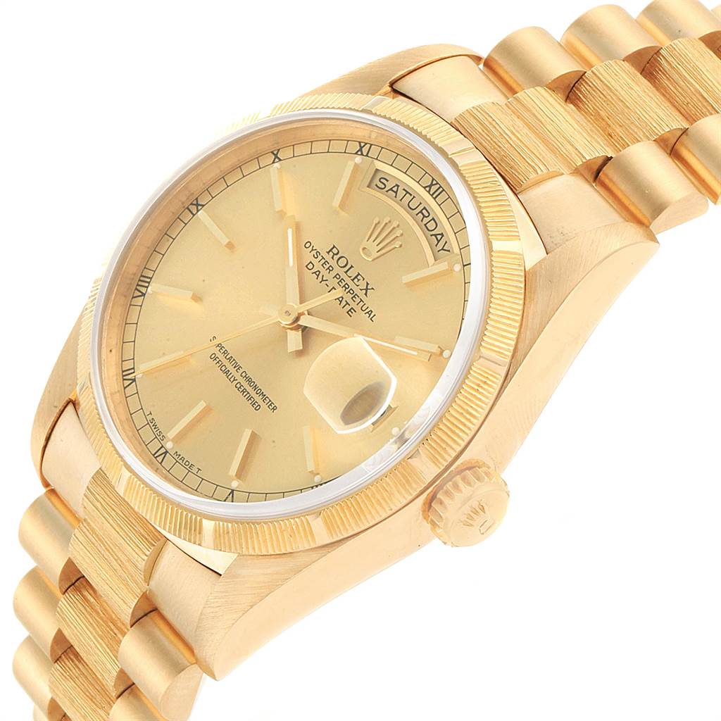 This image shows a partial side-angle view of a Rolex President 18248 Men's Yellow Gold Champagne Dial 18248 Men's Yellow Gold Champagne Dial model watch, highlighting the dial, bezel, and part of the bracelet.