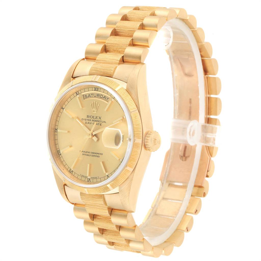 The image shows a side-angle view of a Rolex President 18248 Men's Yellow Gold Champagne Dial 18248 Men's Yellow Gold Champagne Dial model, displaying the gold case, dial, bracelet, and crown.