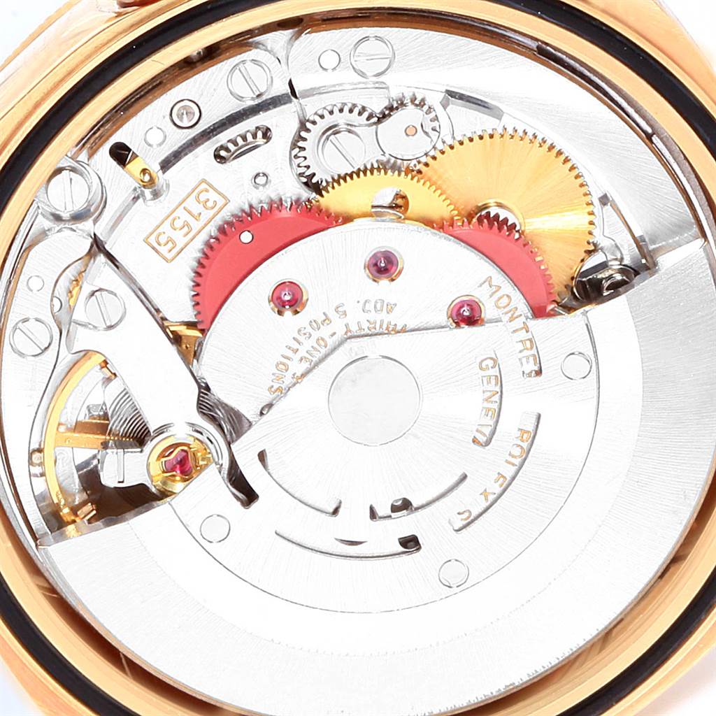 This image shows the inner mechanical movement of a Rolex President 18248 Men's Yellow Gold Champagne Dial 18248 Men's Yellow Gold Champagne Dial model watch from a close-up, top-down angle.