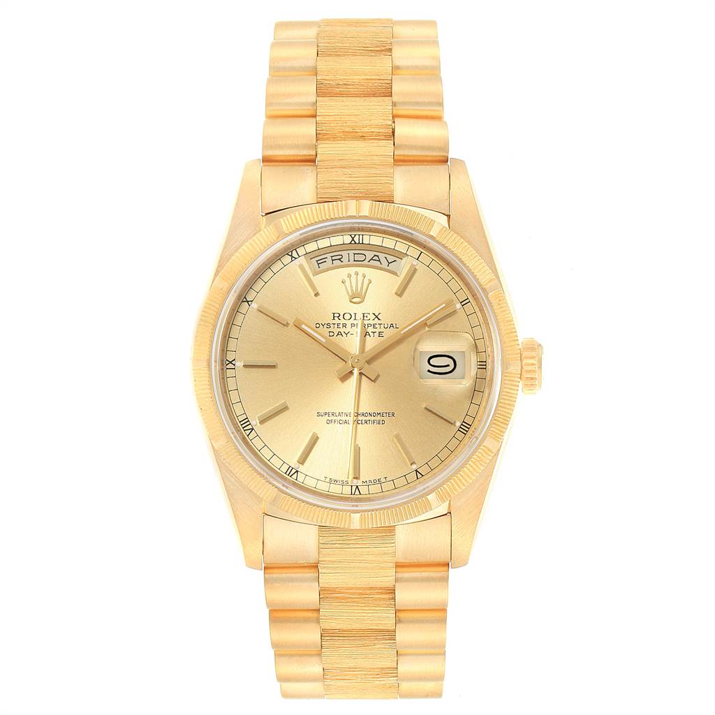The Rolex President 18248 Men's Yellow Gold Champagne Dial 18248 Men's Yellow Gold Champagne Dial model watch is shown from a front angle, showcasing its gold dial, bezel, and band.