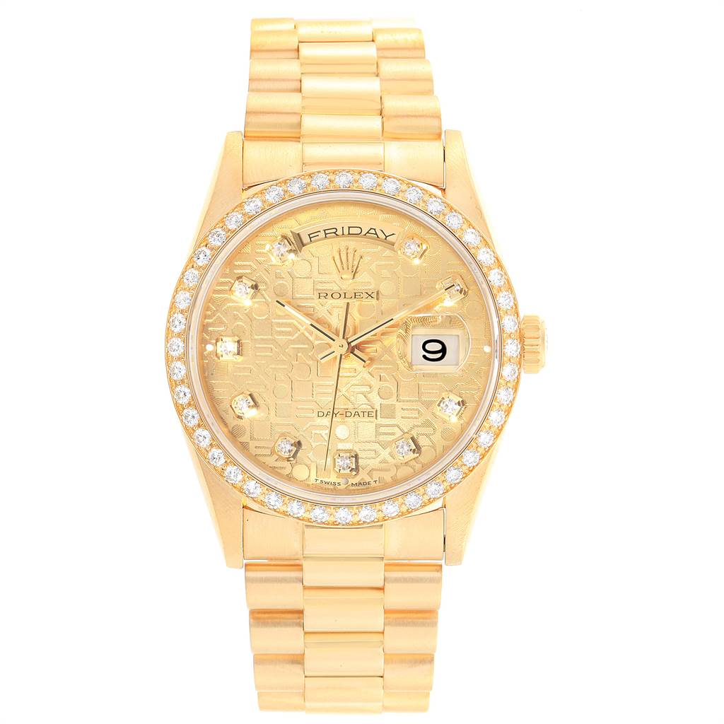 The image shows a frontal view of a Rolex President 18348 Men
s Yellow Gold Champagne Dial 18348 Men
s Yellow Gold Champagne Dial watch, highlighting its golden case, diamond bezel, and bracelet.