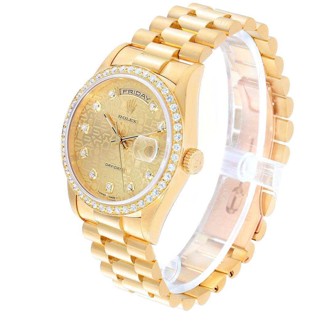 The image shows a Rolex President 18348 Men
s Yellow Gold Champagne Dial 18348 Men
s Yellow Gold Champagne Dial model watch at a three-quarter angle, highlighting its gold bracelet, bezel, dial, and crown.