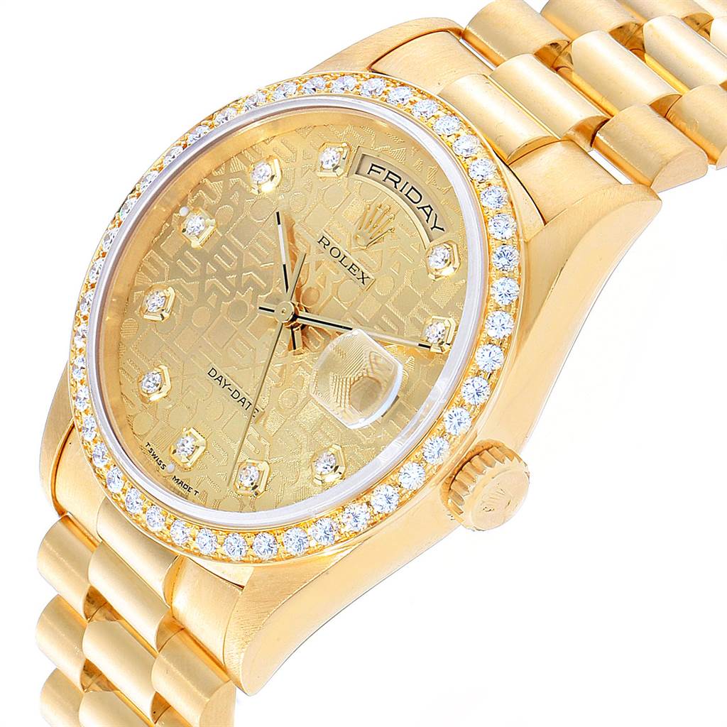 This Rolex President 18348 Men
s Yellow Gold Champagne Dial 18348 Men
s Yellow Gold Champagne Dial model watch is shown at a slight angle, highlighting the gold dial, diamond bezel, day-date display, and bracelet.