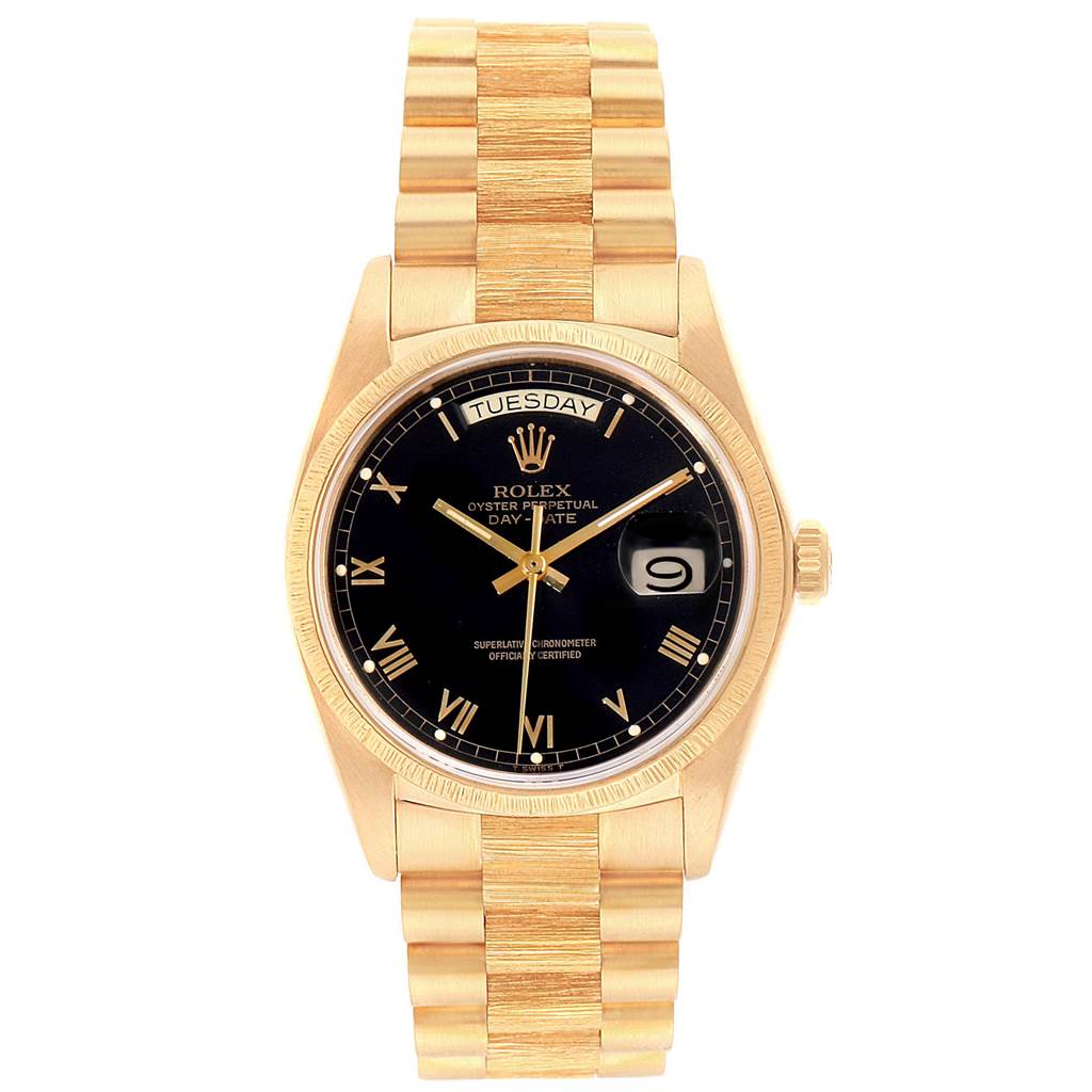 The Rolex President 18038 Men
s Yellow Gold Black Dial 18038 Men
s Yellow Gold Black Dial model watch is shown from a straight-on angle, highlighting the dial, bezel, bracelet, and crown.