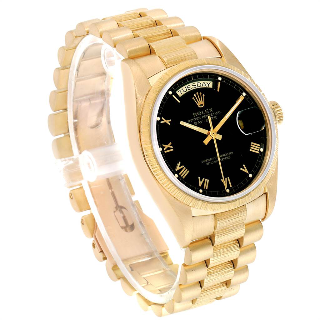 The image shows a Rolex President 18038 Men
s Yellow Gold Black Dial 18038 Men
s Yellow Gold Black Dial model watch at a three-quarter angle, displaying the watch face, bracelet, and crown.