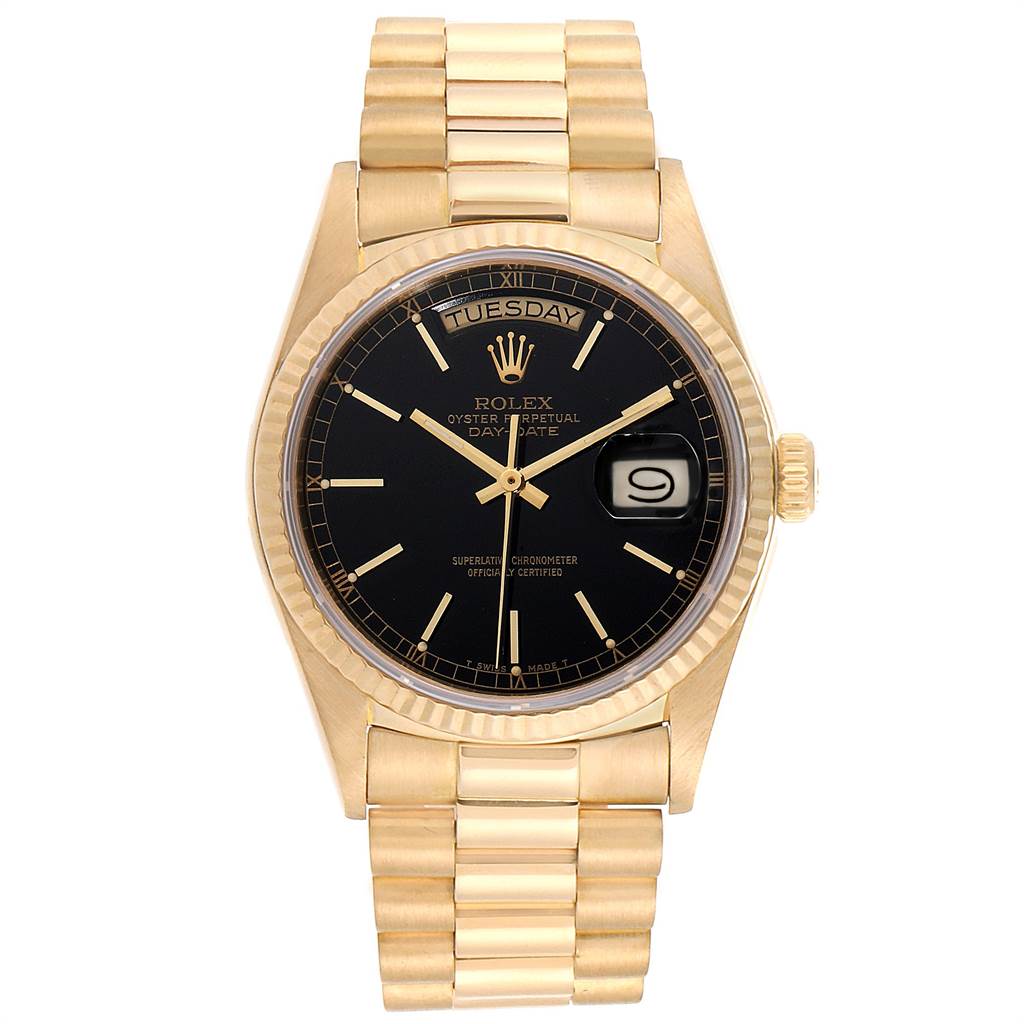 This Rolex President 18038 Men
s Yellow Gold Black Dial 18038 Men
s Yellow Gold Black Dial model watch is shown from the front, displaying its black dial, gold bracelet, and day-date feature.
