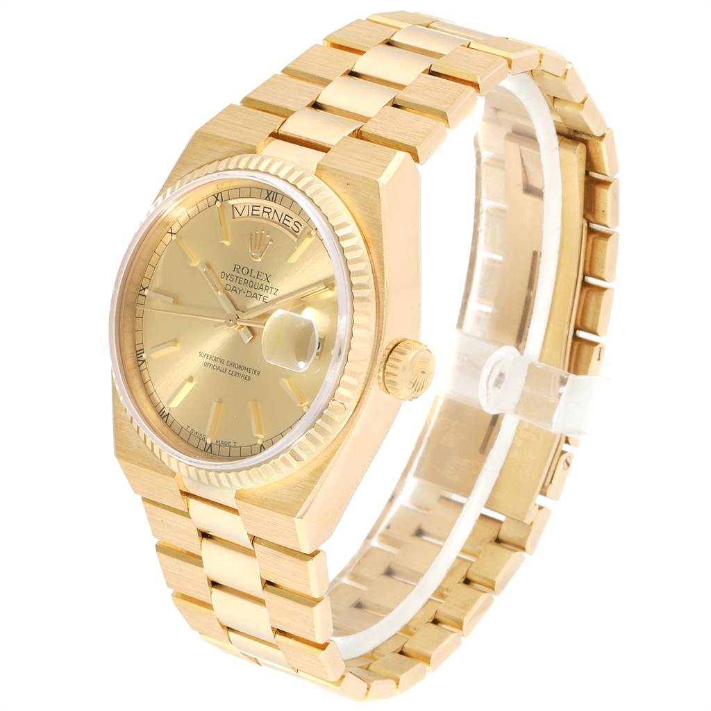 The Rolex President 19018 Men's Yellow Gold Champagne Dial 19018 Men's Yellow Gold Champagne Dial model watch is shown at a three-quarter angle, displaying the face, bezel, crown, and part of the bracelet.